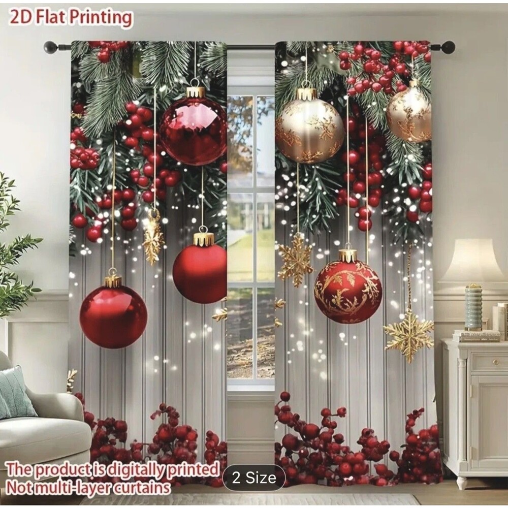 Christmas Ball Holiday Printed Curtains 2 Pieces Xmas Print Curtains Room Decor